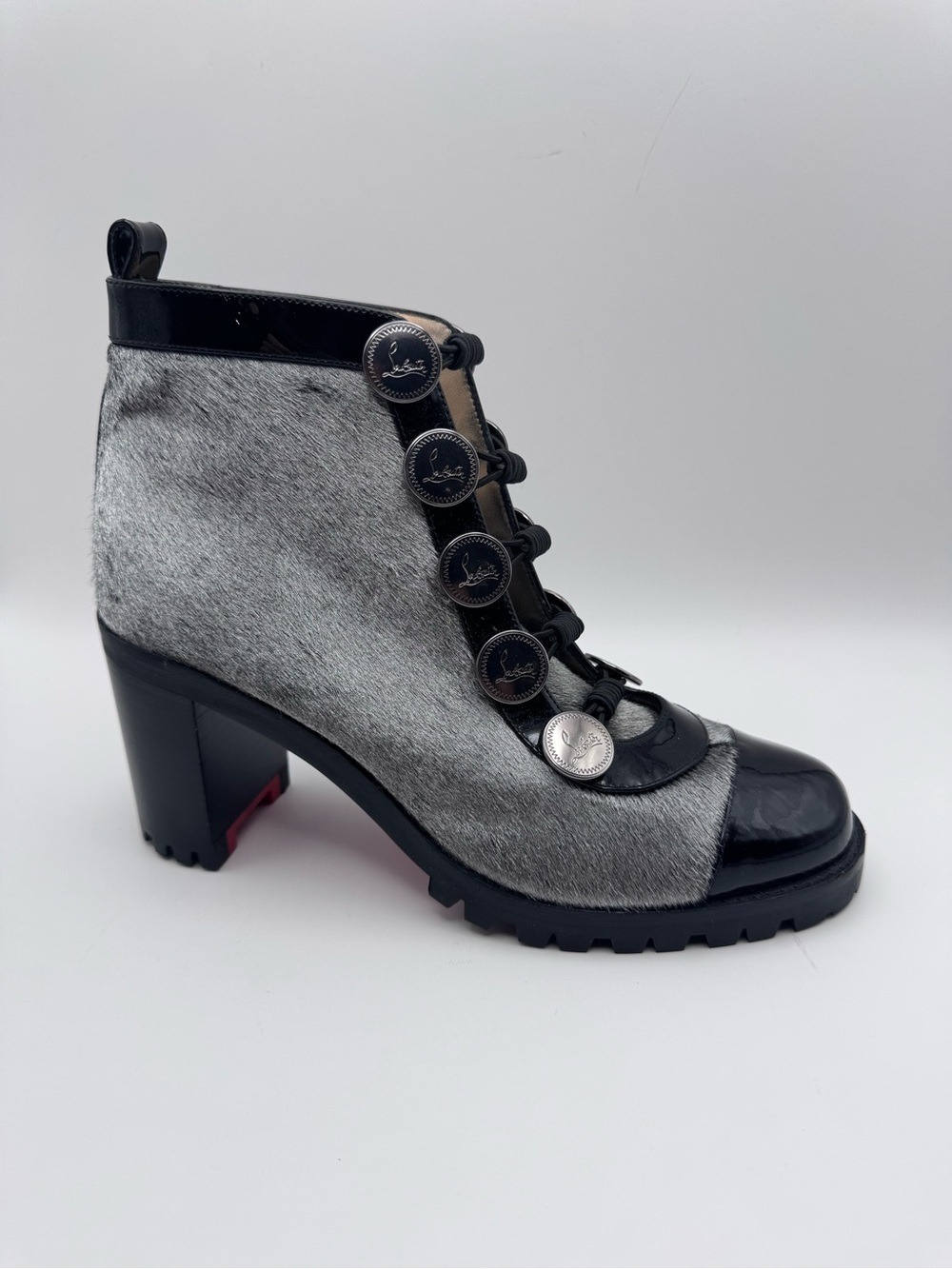 Christian Louboutin Alphabouton 70 Pony Hair Boots Black Gray Patent EU 36.5